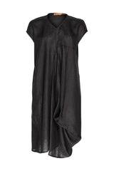 Vee Neck Seamed Drape Dress - Black Linen 9743