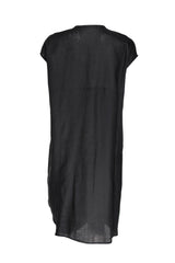 Vee Neck Seamed Drape Dress - Black Linen 9743