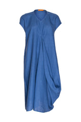 Vee Neck Seamed Drape Dress - Marine Linen 9744