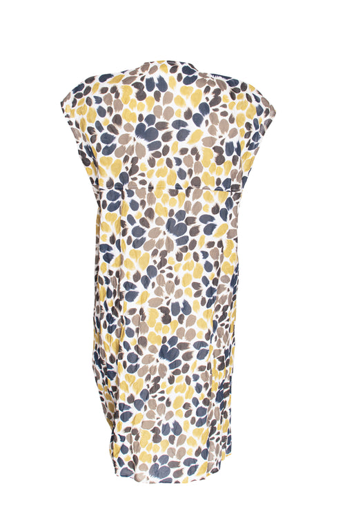 Vee Neck Seamed Drape Dress - Mustard/Ink Print 9745