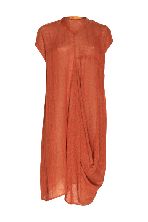 Vee Neck Seamed Drape Dress - Brick Linen 9746