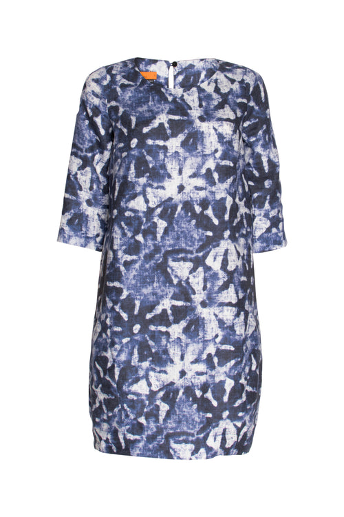 3/4 Sleeve Tulip Dress - Navy Print Linen 9762